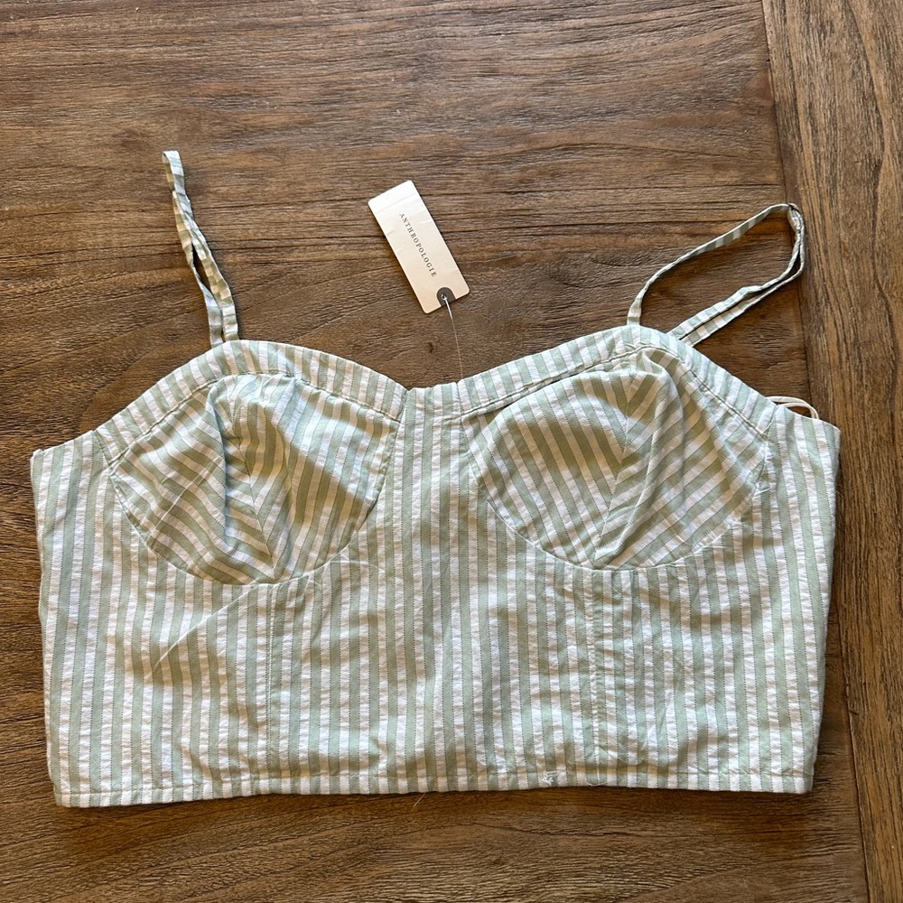 NWT Anthropologie Green & White Striped Seersucker Bustier Crop Top Size Medium